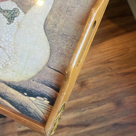 Wooden vintage serving tray metal engraved corners goose motif - Picture 6 of 10